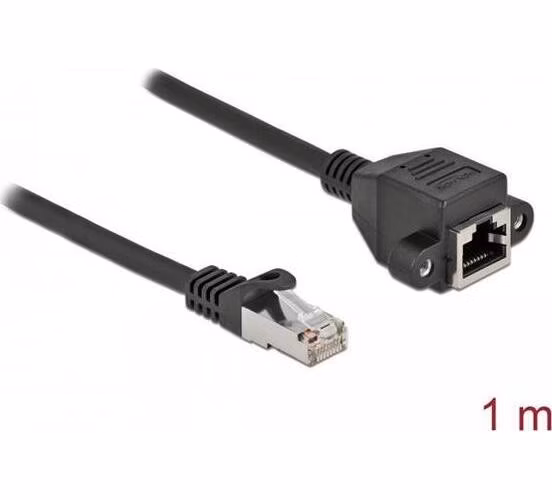 Delock Prodlužovací síťový kabel, ze zástrčky S/FTP RJ45 na zásuvku RJ45, Cat.6A, délka 1 m, černý