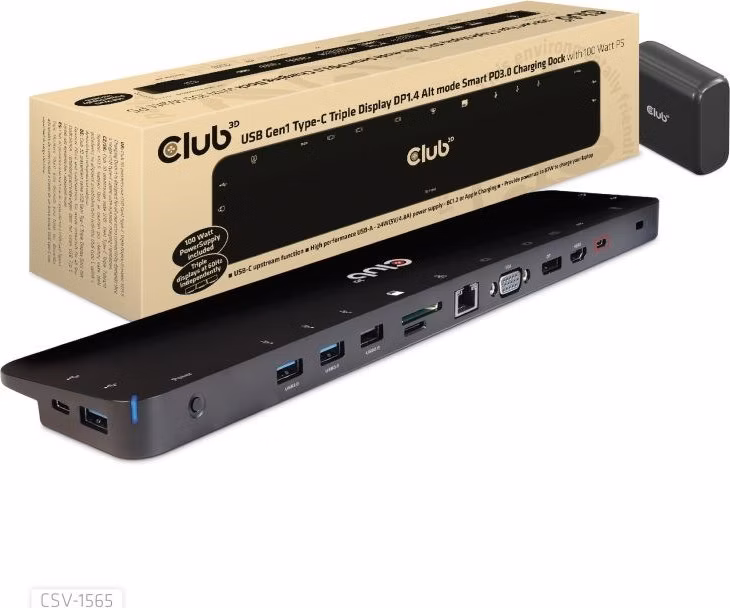 Club3D Dokovací stanice USB-C, Triple Display DP 1.4 Alt mode Smart PD3.0 Charging Dock with 100 Watt PS