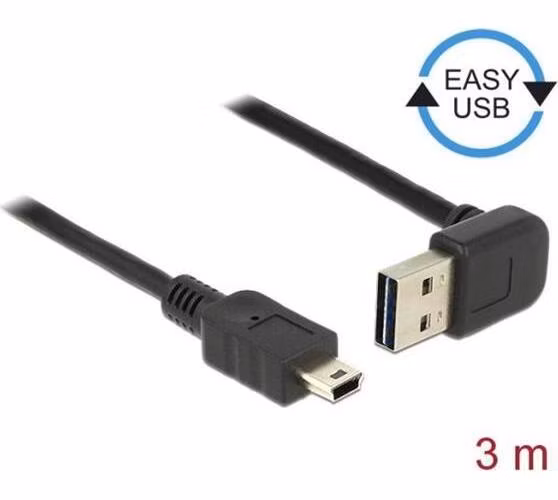 Delock Kabel EASY-USB 2.0 Typ-A samec pravoúhlý nahoru / dolů > USB 2.0 Typ Mini-B samec 3 m