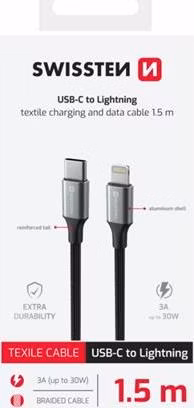 SWISSTEN DATOVÝ KABEL TEXTILE II USB-C / LIGHTNING 1,5 M ČERNÝ