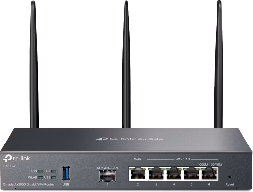 Omada AX3000 Wi-Fi 6 Gigabit VPN Router PORT: 1× Gigabit SFP WAN/LAN Port, 1× Gigabit RJ45 WAN Port, 4× Gigabit WAN/LAN