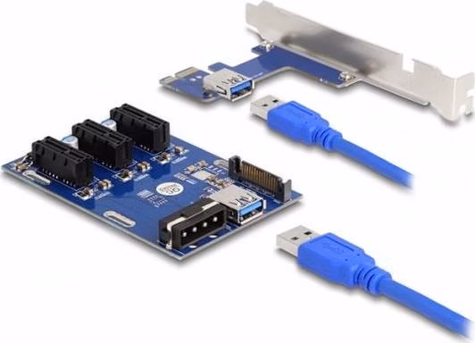 Delock Karta PCI Express Riser x1 na 3 x PCIe x1, s 50 cm USB kabelem