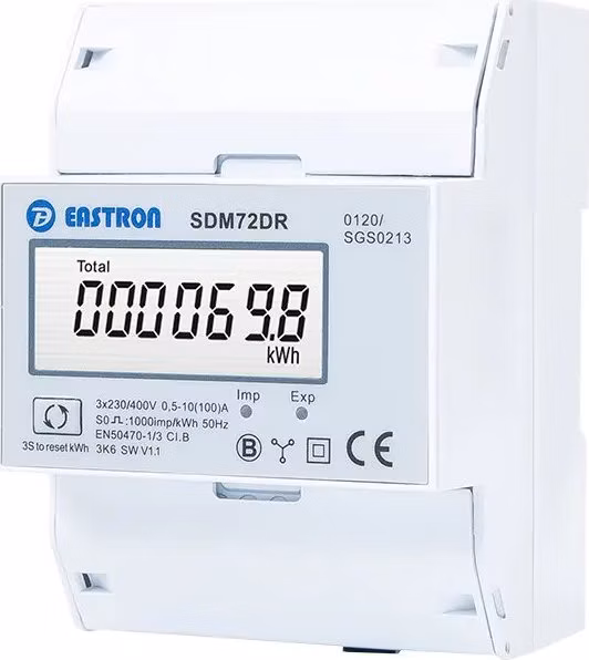 Eastron SDM72DR-MID, Multifunkční elektroměr, aktuální výkon, celková spotřeba, pulsní výstup, třífázový, 100A