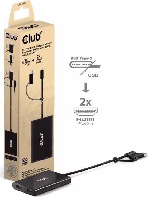 Club3D Video rozbočovač USB-C/A na 2xHDMI 2.0, Dual Monitor, 4K60Hz (M/F)