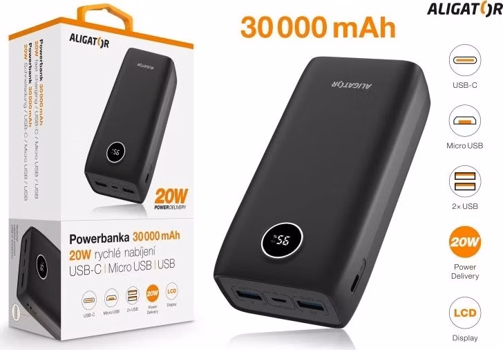 ALIGATOR PBPD30BK 30 000mAh PD 20W čierna