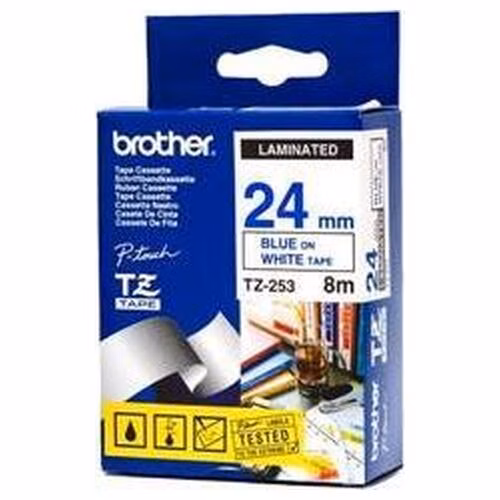 Brother - TZe-253, bílá / modrá (24mm, laminovaná)
