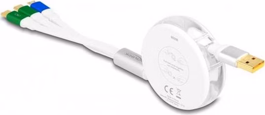 Delock Zatažitelný nabíjecí USB kabel 3 v 1 z Typu-A na Micro USB / 2 x USB Type-C™ s rychlým nabíjením, bílý