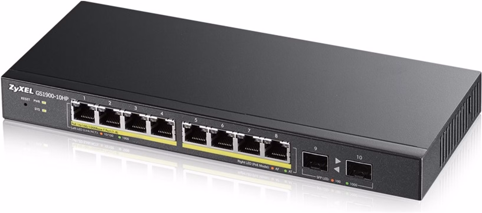 Zyxel GS1900-10HP v2 10-portový gigabitový webový inteligentný PoE switch, 8x gigabitový PoE RJ45, 2x SFP, 70W PoE rozpočet, bez ventilátora