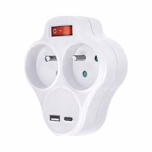 Solight Rozbočovač s USB A+C nabíjačkou, 2 x 10A, biely, vypínač