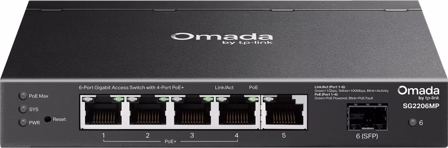 TP-Link SG2206MP 6-Port Gigabit Switch, 4x Gigabit PoE, 1x LAN, 1x SFP, 63W budget