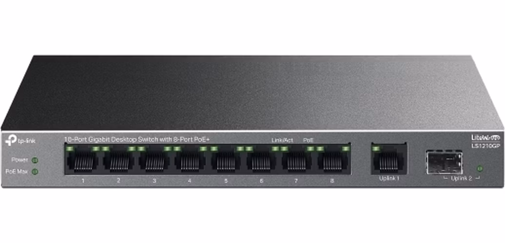10-Port Gigabit Desktop Switch with 8-Port PoE+ PORT: 8× Gigabit PoE+ Ports, 1x Gigabit Non-PoE Port, 1× Gigabit SFP Slo