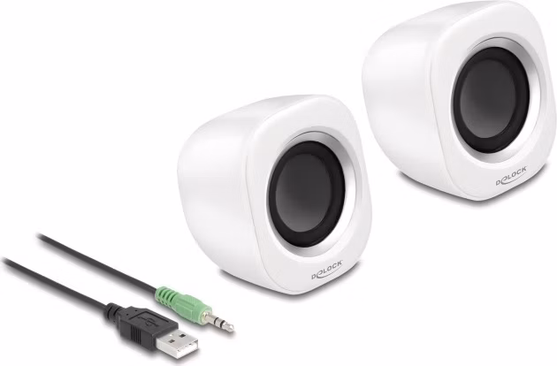 Delock Miniaturní stereofonní počítačový reproduktor se stereofonním zástrčkovým konektorem průměru 3,5 mm a napájením
