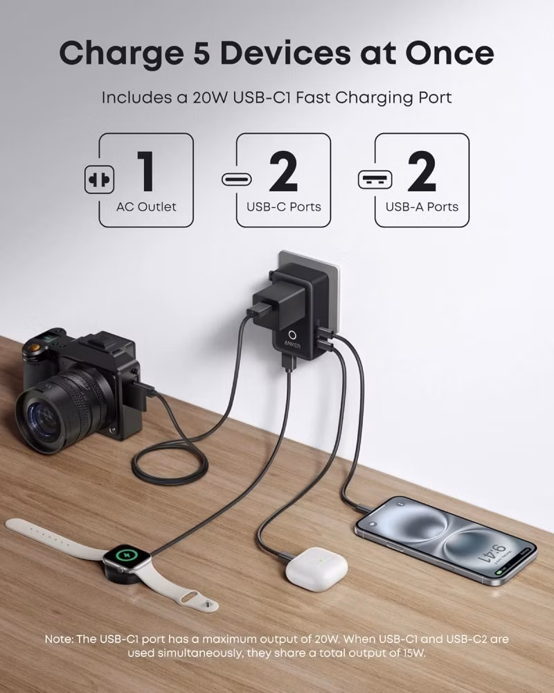 Anker Nano cestovní adaptér/ 5v1/ 20W/ 2x USB-C/ 2x USB/ UK/US/AU/EU/ černý