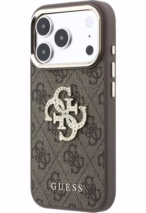 Guess PU 4G Strass Metal Logo kryt iPhone 18 Pro Max hnedý