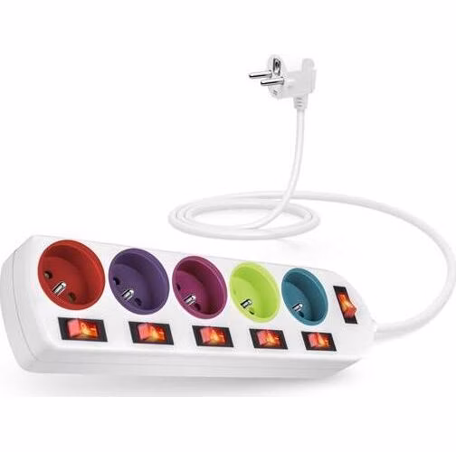 CONNECT IT prodlužovací kabel , 5 zásuvek, 2 m, s vypínači, barevná