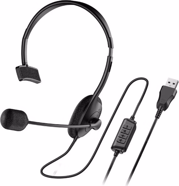 Genius HS-100U Headset, náhlavní, na jedno ucho, drátový, s mikrofonem, ovládání hlasitosti, USB, černý