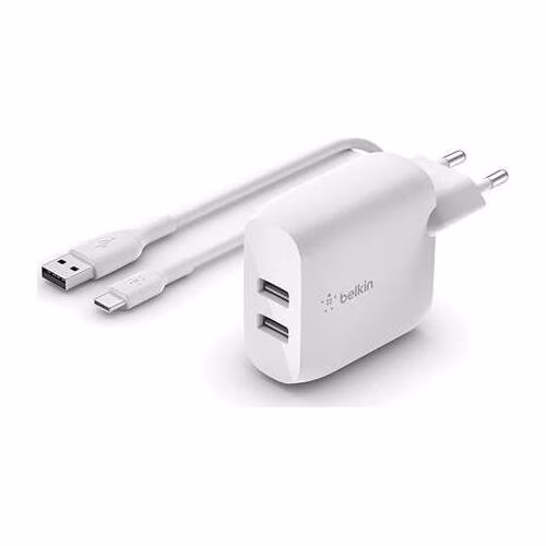 Belkin BOOST CHARGE™ Duální 24W USB-A nástěnná nabíječka + 1m USB-C kabel, bílá