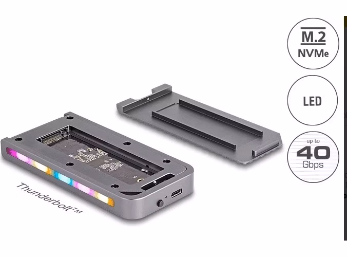 Delock Pouzdro s rozhraním USB 40 Gbps na 1 x M.2 NVMe SSD v herním stylu s LED a ventilátorem – beznástrojový