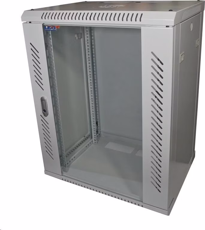 LEXI 19" nástenný rack 15U, šírka 600 mm, hĺbka 600 mm, presklené dvere, nosnosť 60 kg, zváraná konštrukcia, sivá farba