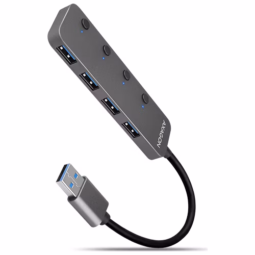 AXAGON HUE-MSA, 4x USB 3.rozbočovač 2 Gen 1 SWITCH, kovový, napájanie micro USB. konektor, kábel USB-A 20 cm