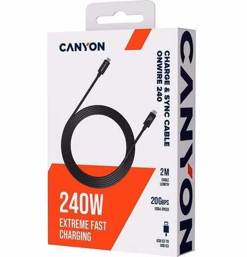 Canyon OnWire 240, 2 m, nabíjací a dátový kábel USB-C / USB-C, USB4, 240 W PD, 20 Gb/s, TPE, čierny