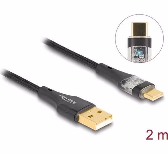 Delock Kabel ze zástrčky USB 2.0 Typ-A na zástrčku USB Type-C™, s funkcí rychlého nabíjení 60 W, průhledný, 2 m