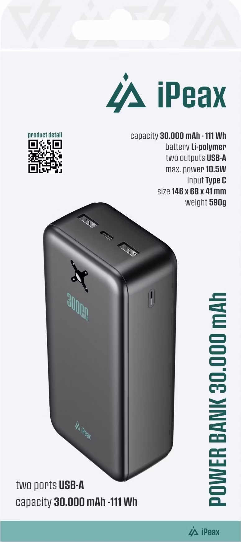 POWER BANKA 30000 mAh, 10,5 W, 2x USB-A ČIERNA