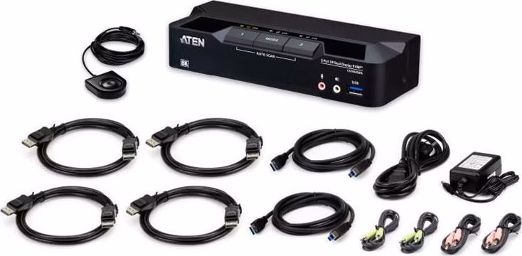 ATEN 2-port. přepínač USB 3.0 s podporou 8K a DisplayPort pro dva monitory s technologií KVMP (včetně kabelů)