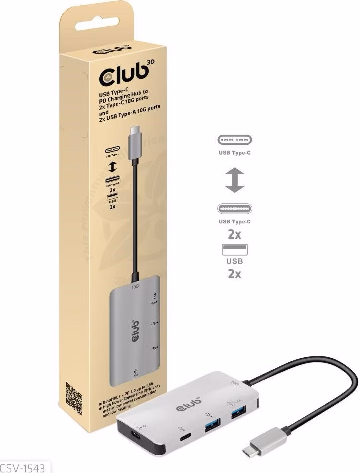 Club3D USB-C Gen2 PD hub pre 2x USB-C 10G porty a 2x USB-A 10G porty