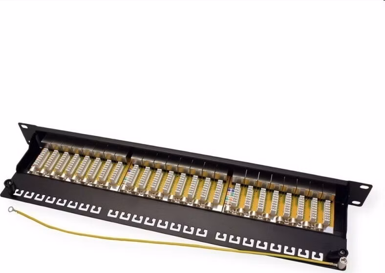 OEM patch panel 24port Cat6A, STP, blok Krone LSA+, vyväz. lišta, 1U čierny