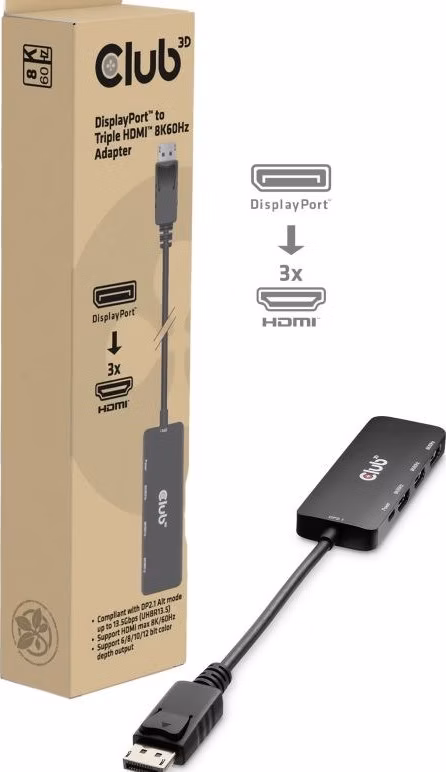 Club3D hub MST (Multi Stream Transport) DisplayPort 1.4 na 3x HDMI 8K60Hz (M/F)
