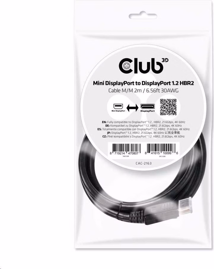 Kábel Club3D Mini DisplayPort na DisplayPort 1.2 4K60Hz UHD obojsmerný, (M/M), 2 m