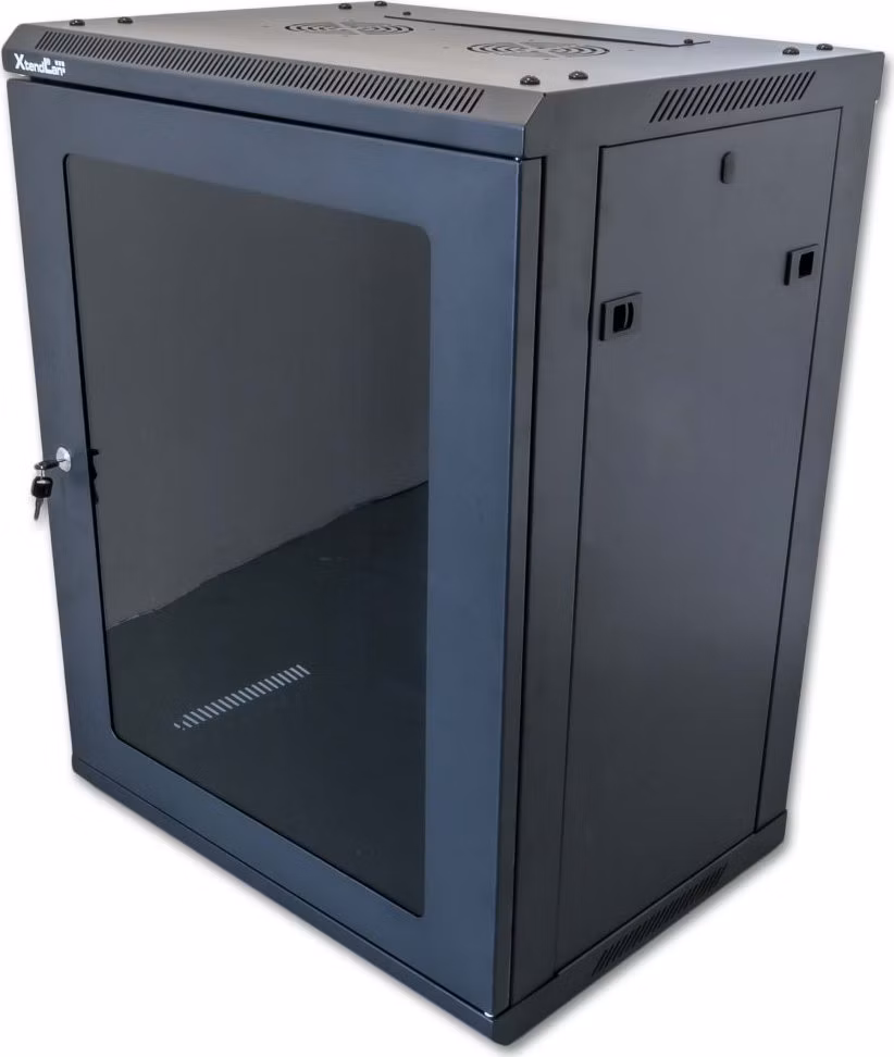 XtendLan 19" nástěnný rozvaděč 22U 600x600, nosnost 60 kg, skleněné kouřové dveře, rozložený, černý