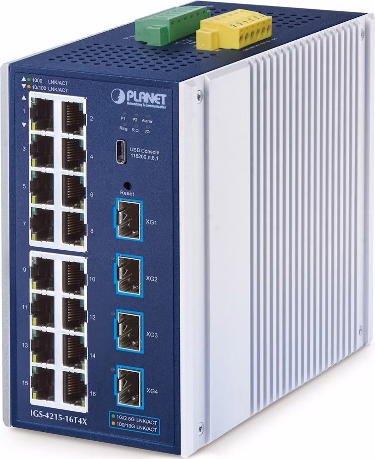 Planet IGS-4215-16T4X průmyslový L2/L4 switch, 16x1Gb, 4x10Gb SFP+, -40~75°C, 9-48VDC, IP30, fanless