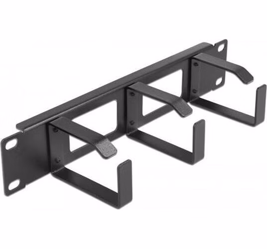 Delock 10” vyvazovací panel pro správu kabelů, 2 otvory a 3 háčky, 1U, černý