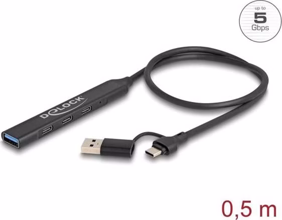 Delock 4 portový štíhlý USB Hub z USB Type-C™ nebo USB Typ-A na 3 x USB 5 Gbps USB Type-C™ + 1 x USB 5 Gbps Typ-A