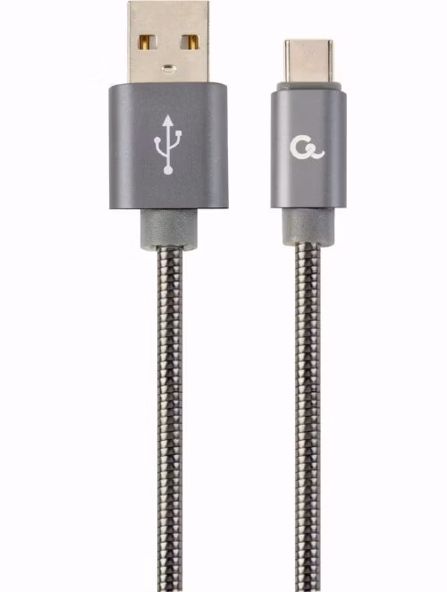 Kábel CABLEXPERT USB 2.0 AM na Type-C kábel (AM/CM), 1m, metalická spirála, šedý, blister, PREMIUM QUALITY