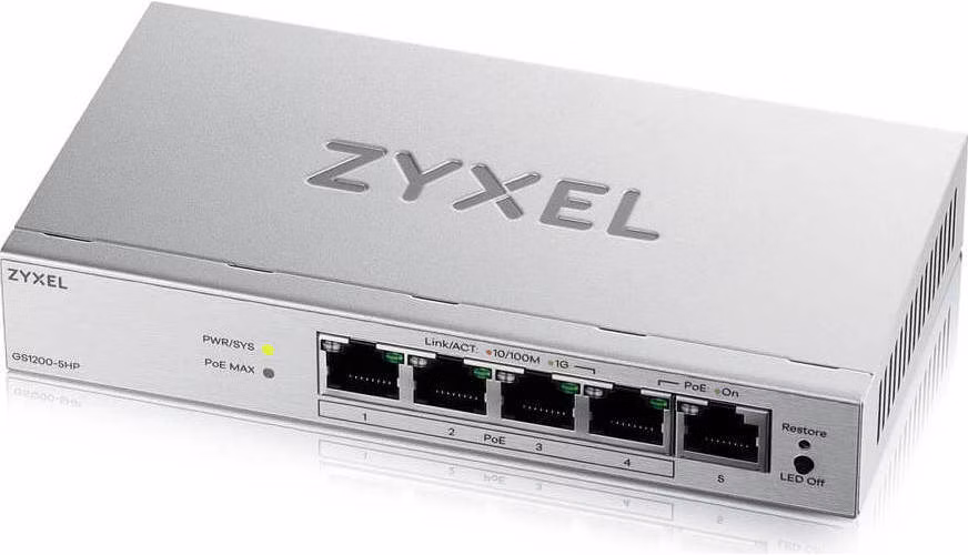 Zyxel GS1200-5HPv2 5-portový stolový gigabitový webový inteligentný PoE switch, 4x PoE+ GbE, PoE 60W, bez ventilátora