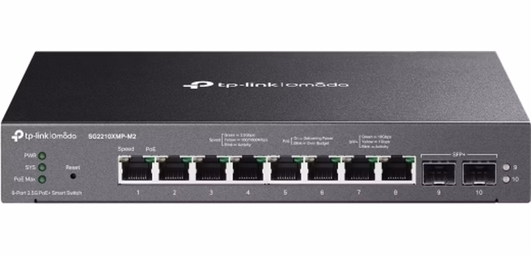 Omada 8-Port 2.5GBASE-T and 2-Port 10GE SFP+ Smart Switch with 8-Port PoE+ PORT: 8× 2.5G PoE+ Ports, 2× 10G SFP+ Slots S