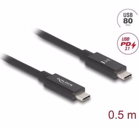 Delock USB 80 Gbps kabel USB Type-C™ samec na samec 16K 60 Hz PD 3.1 240 W E-Marker koaxiál 0,5 m černá