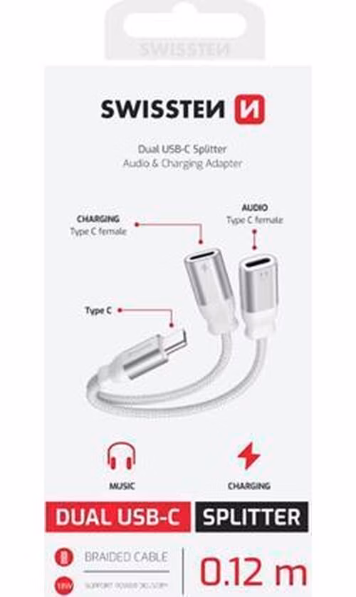 SWISSTEN NABÍJECÍ AUDIO ADAPTÉR TEXTILE USB-C (samec) / 2x USB-C (samice) 0,12 M BÍLÝ