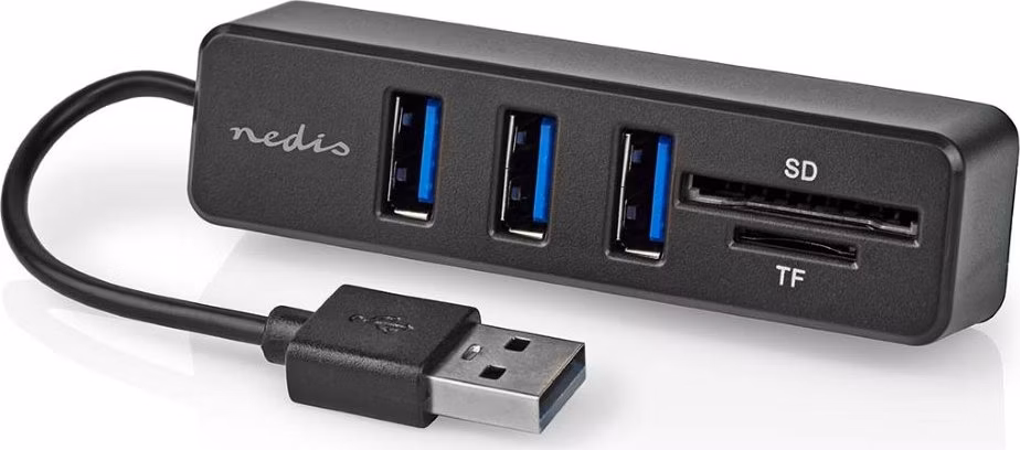 Nedis CCGB60250BK01 - USB hub | 1x USB-A | 3x USB A Zásuvka | 5 Portů port(s) | USB 2.0 | Napájení z USB | SD &amp; MicroSD