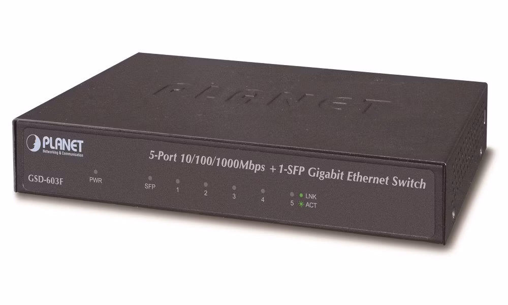 Planet GSD-603F Gigabit switch 5x 1000Base-T(RJ-45) + 1x SFP, kov, EuP