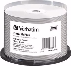 VERBATIM CD-R(50-pack) spindl, AZO 52X,700MB,WHITE WIDE THERMAL PRINTABLE SURFACE NON-ID