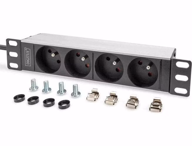 Digitus 1U hliníkové PDU, montáž do racku 254 mm (10"), 4x zásuvka CEE 7/5, 16 A, 4000 W, 250 VAC 50/60 Hz