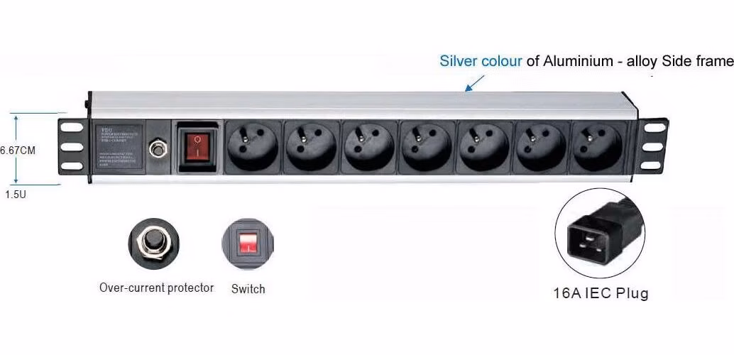 19" rozvodný panel 1,5 U, 7x220V, koncovka IEC C19,16A