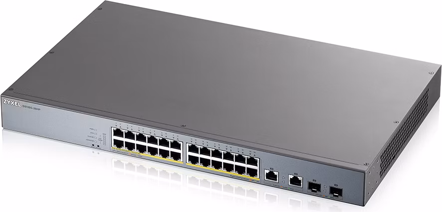 Zyxel GS1350-26HP 26portový inteligentný spravovaný CCTV PoE switch, dlhý dosah, 375W, 24x GbE, 2x combo RJ45/SFP