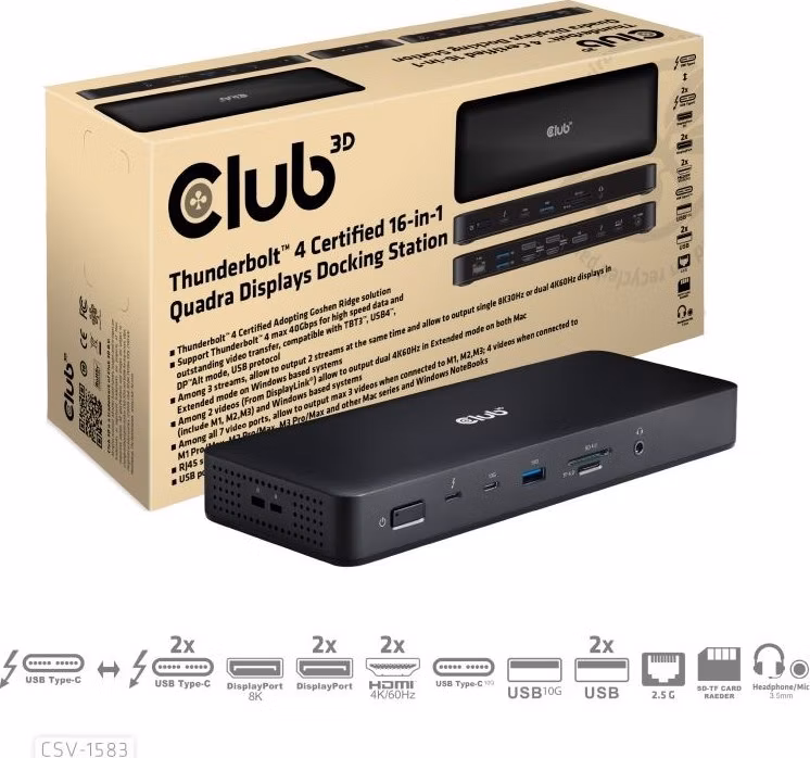 Club3D Dokovací stanice USB-C 16v1, 3xDP, 2xHDMI, 1xUSB-C, 3xUSB, 1xRJ45, 1x3.5mm, černá