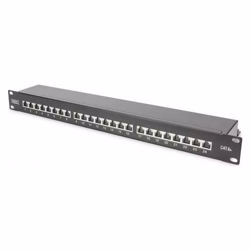 DIGITUS CAT 6A Patch Panel, stíněný, 1U, 24 portů, 8P8C, černy RAL 9005, 483 mm (19 ") / 482,6x44x109