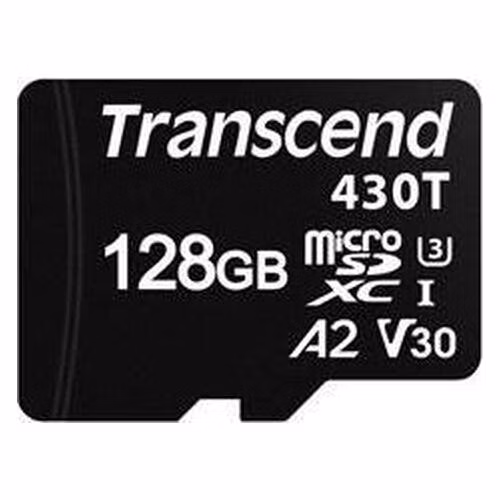 Transcend 128GB microSDXC430T UHS-I U3 (Class 10) V30 A2 3K P/E paměťová karta, 100MB/s R, 70MB/s W, černá, tray balení